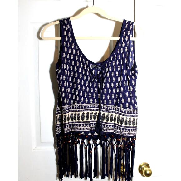 Earthbound Trading Bandana Blue Beaded Fringed Tank Top sz L NWOT - Picture 1 of 3